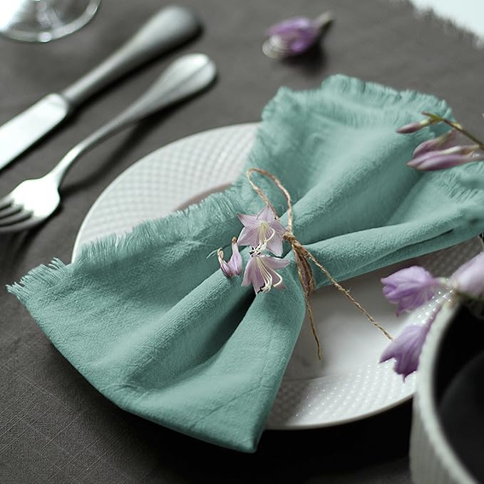 Handmade Cloth Napkins 100% Cotton Napkins with Fringe，Delicate Handmade Cloth Napkins for Dinners, Parties, Weddings and More，18 x 18 Inch Set of 6 - Turquoise