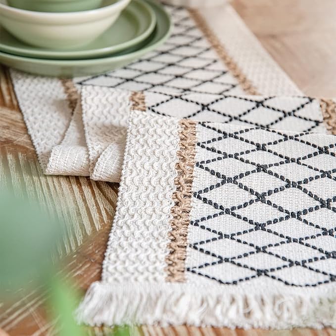 Table Runner, Boho Table Runner Cotton Linen Table Decorations, Farmhouse Table Runners with Tassels for Bohemian Wedding Bridal Shower Rustic Home Dining Table (Black/Grid/12x90)