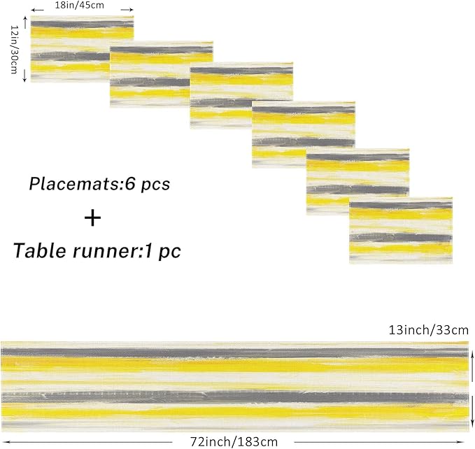 Emvency Yellow Grey White Abstract Painting Table Runner and Placemats Set of 6,Watercolor Painting Art Dining Decor for Daily Use(1 Table Runner 72 inches Long and 6 Placemats)