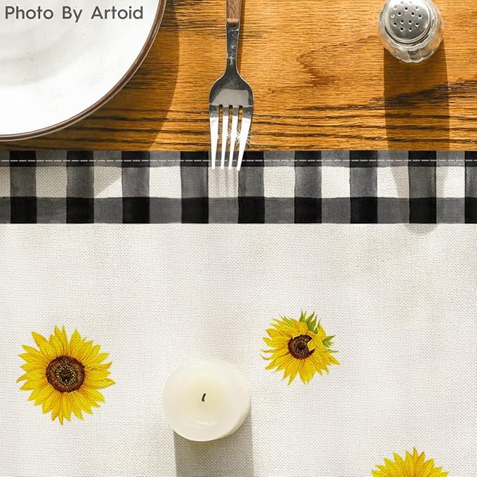 Artoid Mode Buffalo Plaid Sunflower Sunshine Vase Summer Table Runner, Spring Kitchen Dining Table Decoration for Home Party Decor 13x60 Inch