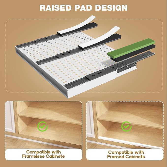Seinloes 2 Pack Pull Out Cabinet Organizer With Raising Pad for Framed Cabinets,Expandable Width (15"-25") and Depth (17"-24"),3 Slide Rails Slide Out Drawers with Handle,No-Drill Roll Out Shelf,White