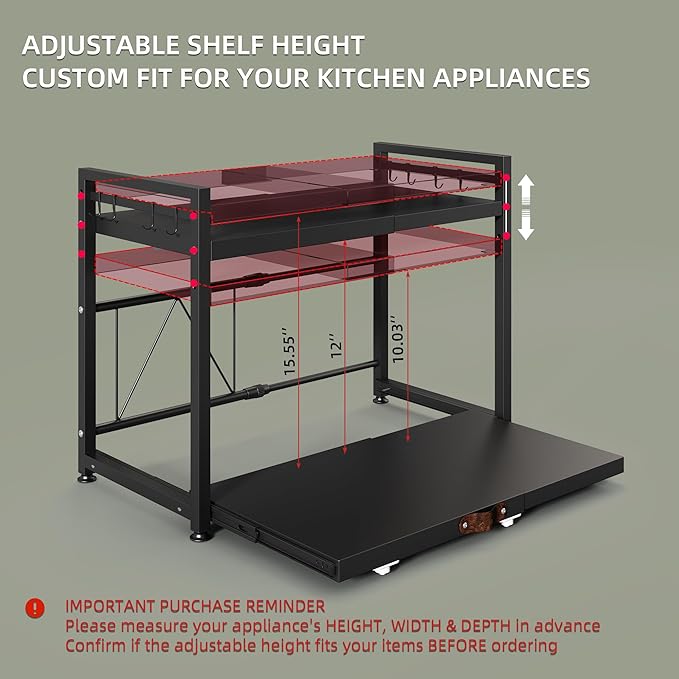 NETEL Expandable Microwave Stand,2 Tier Metal Kitchen Countertop Organizer Shelves with 8 Hooks,Bakers Rack,Pull-Out Microwave Shelf,55lbs Weight Capacity,Black