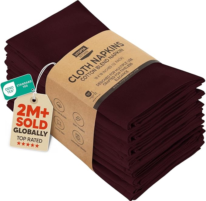 Utopia Kitchen Burgundy Cloth Napkins [12 Pack, 18x18 Inch] Absorbent Cotton Blend Washable and Reusable for Dinner, Restaurant, Lunch, Wedding and Hotel