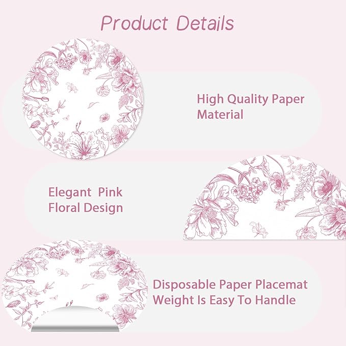 50 Pack Paper Placemats Disposable Pink Floral Placemats 13.7 Inch Vintage Chinoiserie Place Mats Decorative Round Table Mats for Dinner Table Setting Birthday Wedding Party Supplies