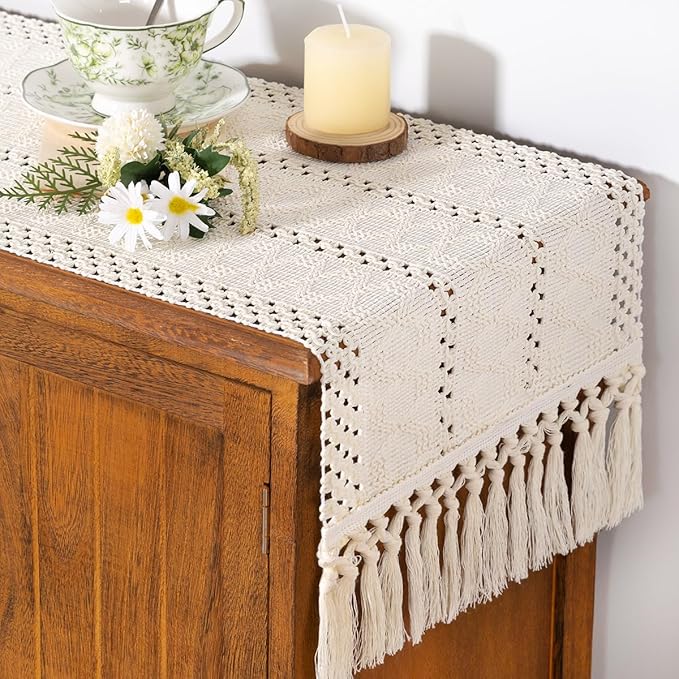 Socomi Boho Table Runner Macrame Easter Spring Farmhouse Woven Cotton Linen Rustic Coffee Table Runner with Tassels for Small Dresser Scarf Home Decor Dining Room 12x72 inch Cream Ivory