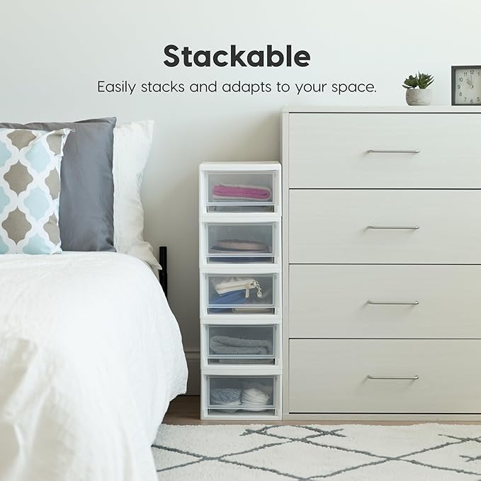 IRIS USA 6 Qt. Small Plastic Stacking Drawer, Stackable Storage Organizer Unit with Sliding Drawer for Bedroom Kitchen Under Sink Pantry Craft Room Dorm Office, White, 4-Pack
