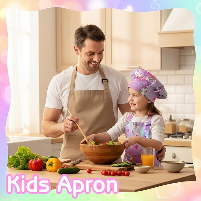 2 Pack Kids Apron and Chef Hat Adjustable Kitchen Cooking Aprons with Pockets for Girls Boys Baking Painting