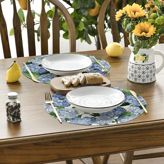 Artoid Mode Watercolor Hydrangea Summer Round Placemats Set of 4, 14 Inch Summer Round Table Mats for Dining Decoration