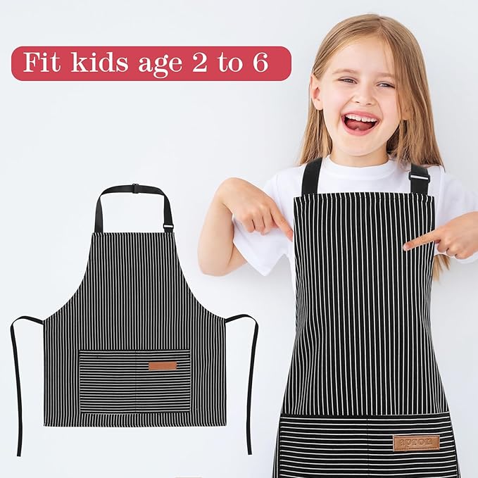 2 Pack Stripes Kids Apron, Kids Cooking Aprons with 2 Pockets, Cute Aprons for Cooking for Boys and Girls