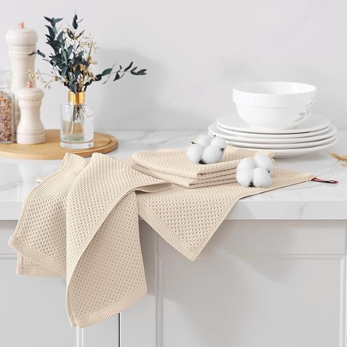 Kitinjoy 100% Cotton Kitchen Towels and Dishcloths Set, 12 Pack-13" x 28" and 12" x 12" Waffle Weave Dish Towels, Ultra Soft Absorbent Quick Drying Dish Rags, Beige