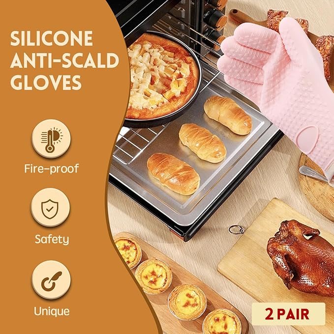 Kitchen Silicone Oven Gloves for Women 2 Pairs Oven Mitts with Fingers Heat Resistant Waterproof Handle Hot Food BBQ Grill Baking