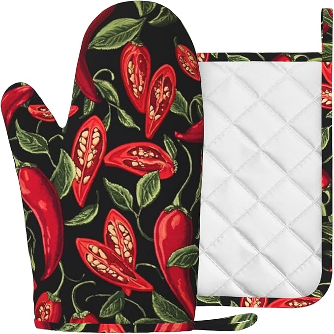 Mexican Hot Pepper Chili Oven Mitt and Pot Holder with Silicone Heat Resistant Kitchen for Cooking BBQ Baking Grilling Cooking Protection