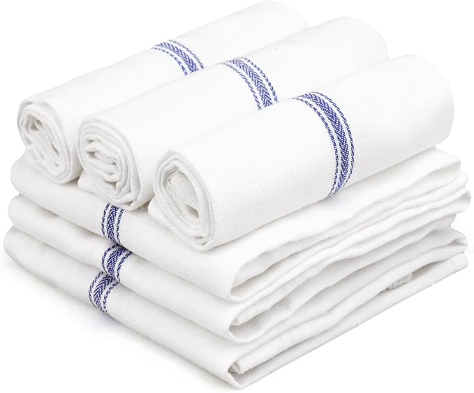 TEXAS LINEN CO. Cotton Kitchen Towels 6 Pack - 15 x 25 Inches - Highly Absorbent Dish Towels for Kitchen Drying, Soft Durable Reusable Quick Dry Tea, Kitchen and Dish Cloths Set - Blue Stripe
