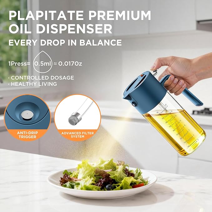 PLAPITATE 17oz/500ml Premium Olive Oil Sprayer for Cooking, 2 in 1 Glass Olive Oil Dispenser Bottle for Kitchen Gadgets, Spray Bottle with Portion Control for Salad, Frying, BBQ (Blue)