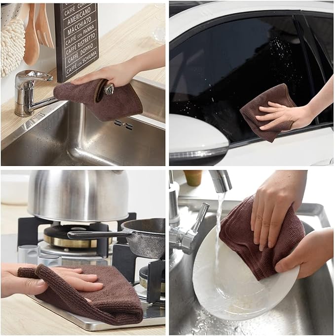 KinHwa Kitchen Washcloths for Dishes Absorbent Microfiber Dish Cloths Quick Dry Dish Rags with Poly Scour Scrub Side Ideal for Kitchen Cleaning (Brown, 12inchx12inch 10 Pack)