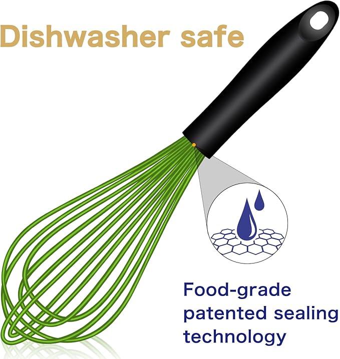 OYV Dishwasher Safe Green Silicone Whisk, Sealed Waterproof Design Set of 3, Professional Kitchen Whisks for Cooking Non-Scratch, Silicone & Stainless Steel Whisk, Heat Resistant Balloon Egg Beater