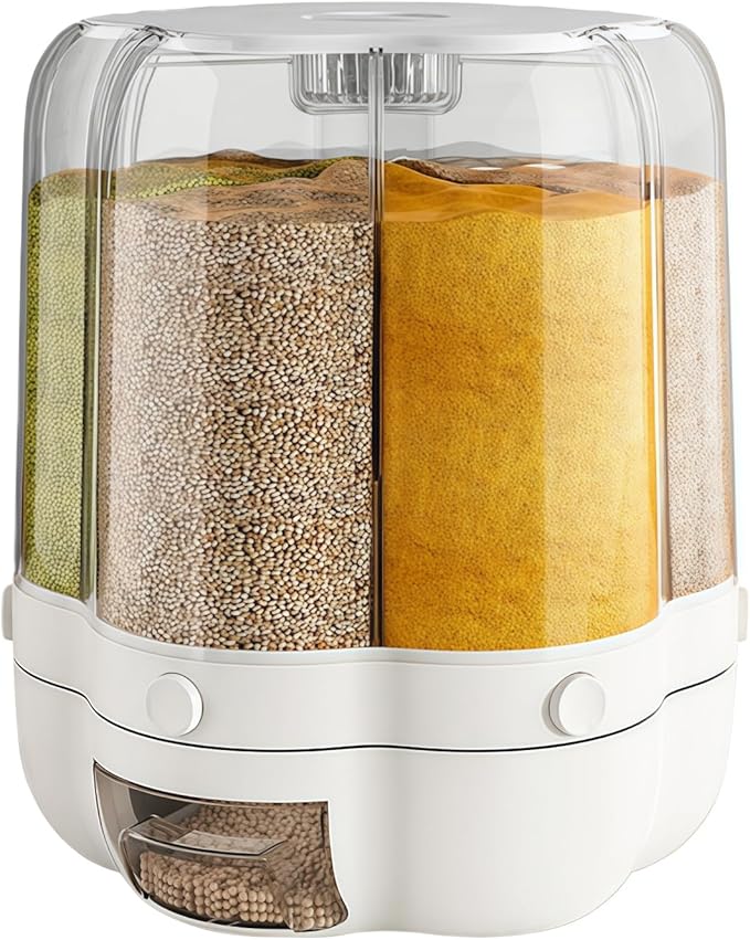 Cereal Dispenser Countertop 360° Rotating Grain Storage Container 13.2-27.56 Lbs Rice Dispenser 6 Grids Dry Food Dispenser Candy Dispensers for Grains, Beans, Rice (White, 27.56Lbs)