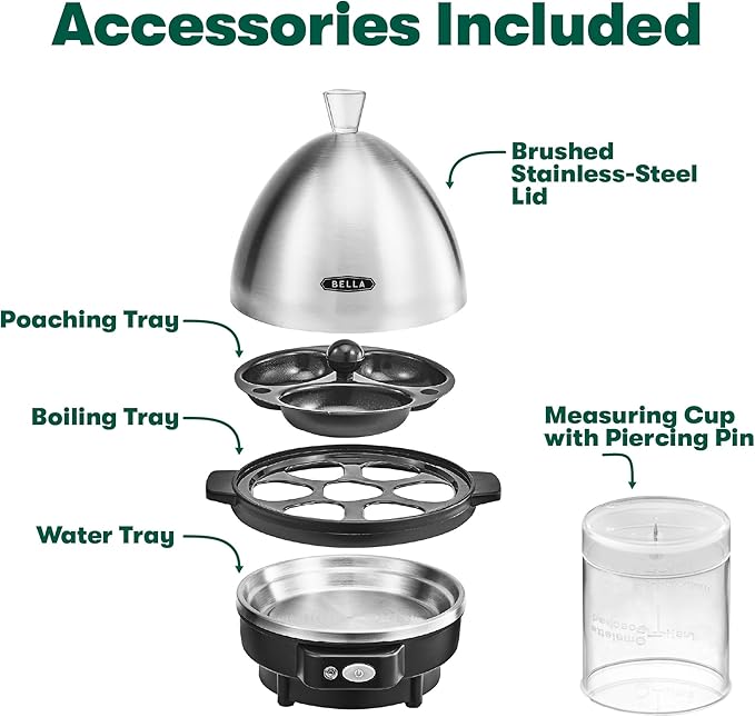 BELLA Rapid Electric Egg Cooker and Omelet Maker with Auto Shut Off, for Easy to Peel, Poached Eggs, Soft, Medium and Hard-Boiled Eggs, 7 Egg Capacity Tray, Single Tier, Black & Steel
