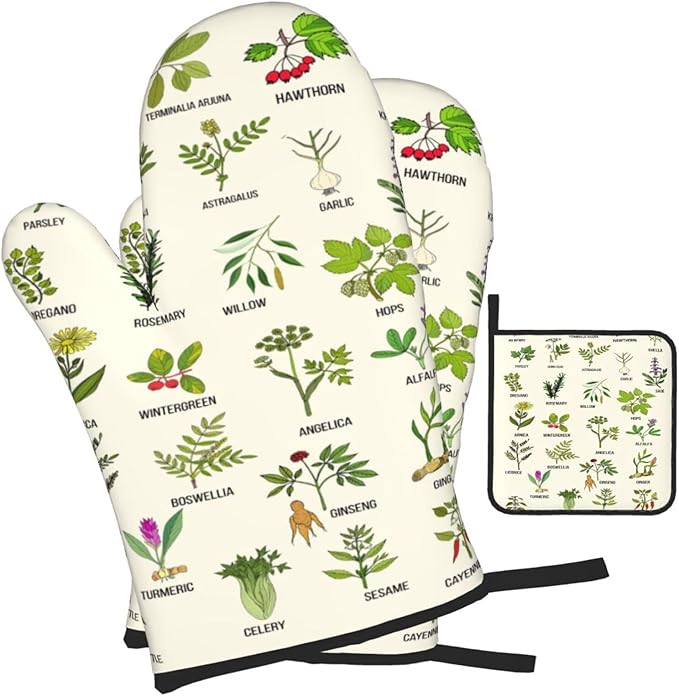 Cute Herbs Botanic Garden Plants Oven Mitts and Pot Holders Sets Heat Resistant for Kitchen BBQ Microwave Baking Grilling Cooks Set of 3 Kitchen Oven Glove