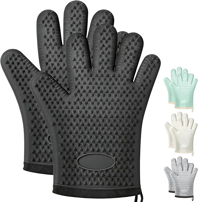 2 Pack Silicone Oven Mitts Heat Resistant, Waterproof Non-Slip BBQ Gloves, Flexible 5-Finger Kitchen Mitts, Kitchen Mittens for Baking, Grilling, Black
