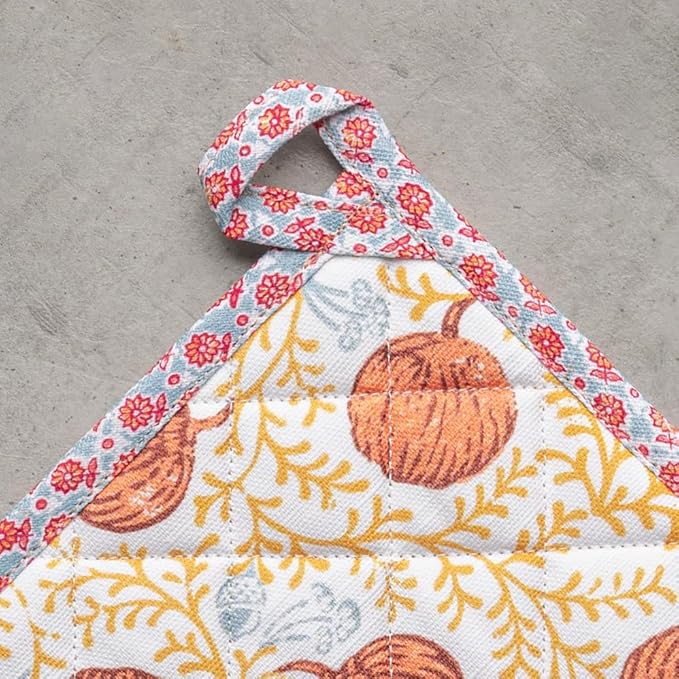Maison d' Hermine Pot Holders Set 100% Cotton Heat Resistant Potholders 8" x 8" Hot Pads with Loop for Thanksgiving Christmas Decorations BBQ Baking Handling Hot Pans (Pack of 2, Harvest Festival)