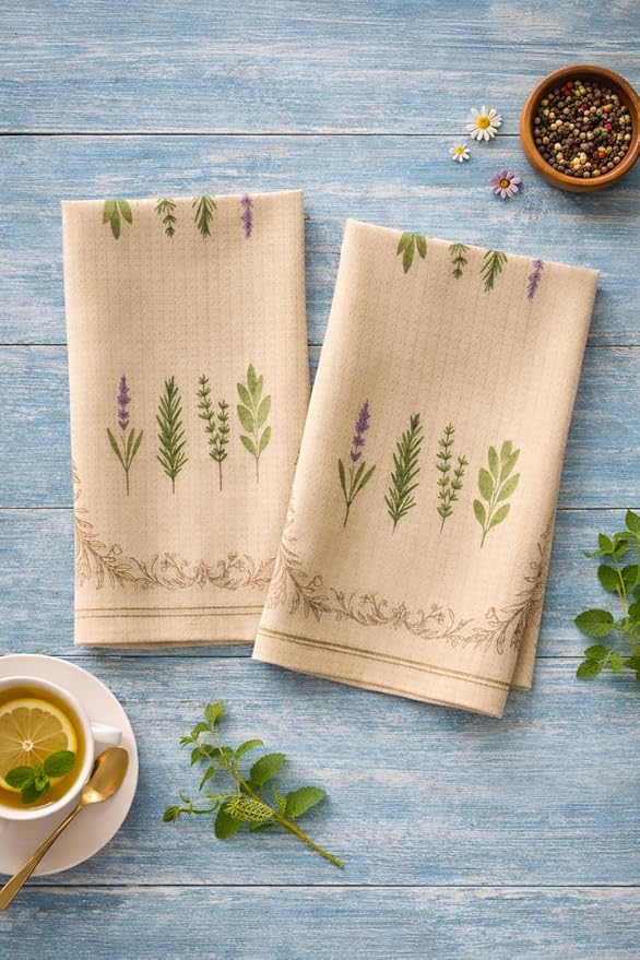 Easter Gift Kitchen Microfiber Waffle Tea Towels Set of 2 Absorbent & Fast Drying Dish Cloths for Cleaning,Vintage Floral Herbs Boho,Decorative Hand Towels for Bathroom,20x28 Inch(Vintage Four Herbs)