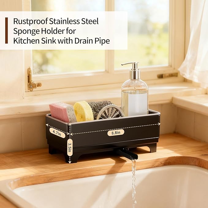 MOUKABAL Sponge Holder for Kitchen Sink – Rustproof Stainless Steel, 360° Rotating Drain Pipe, Large Counter Organizer with Drip Tray for Sponges, Brushes & Dish Cloths Black