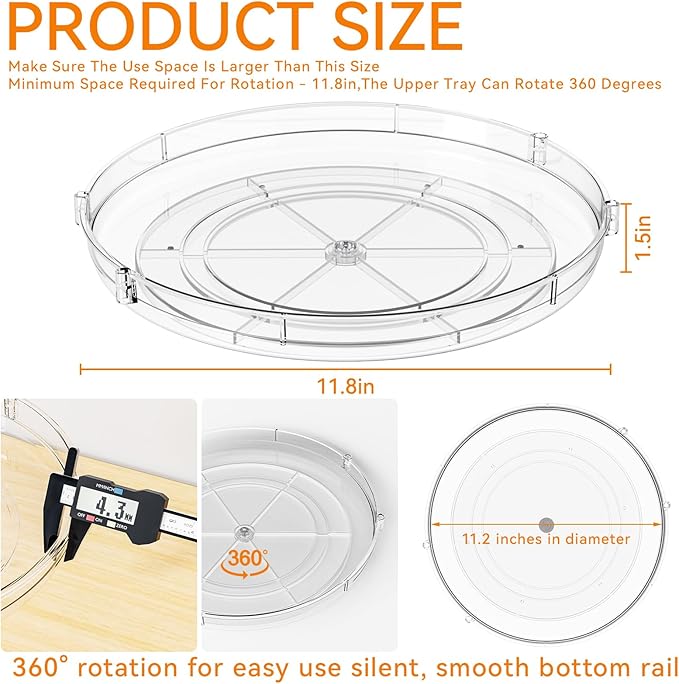 12" W Acrylic Clear Lazy Susan Turntable for Cabinet,Kitchen Countertop,Refrigerator and Pantry Organization Storage,1 Tier Small Spinning Organizer for Vitamin,Medicine,Spice Rack & Organization