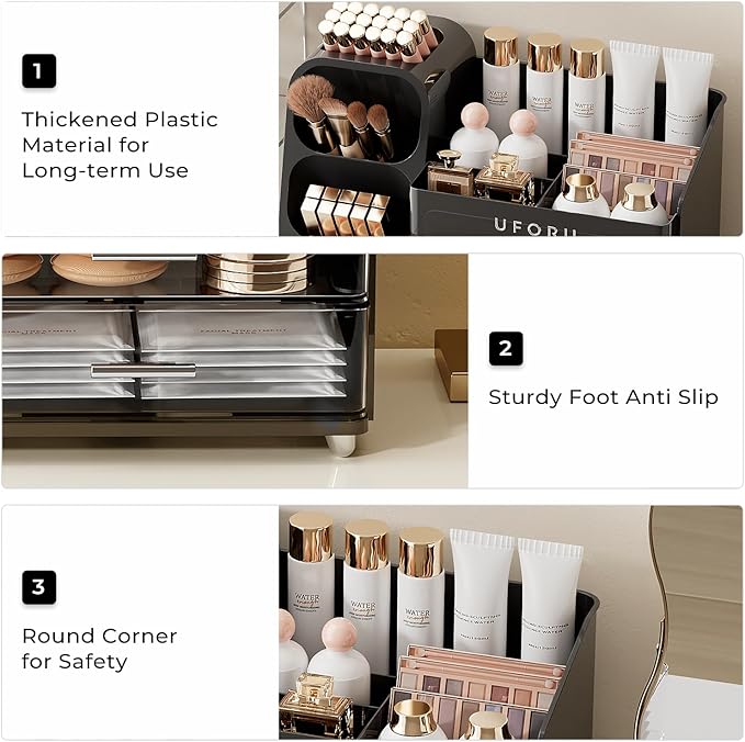 Makeup Organizer for Vanity with Brush Holder, Large Plastic Bathroom Countertop Skincare Organizer with 2 Drawers, Spacious Cosmetic Display Case for Perfumes, Eyeshadow Palettes, Nail Polishes