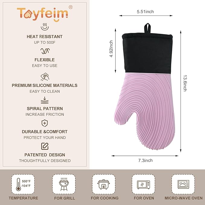 Silicone Oven Mitts-13.6 in Extended Oven Mitts Heat Resistant 500F, Oven Gloves with Soft Liner Good Grippy BPA-Free Easy to Clean Flexible-Oven Mits Set for Cooking Baking Grilling BBQ