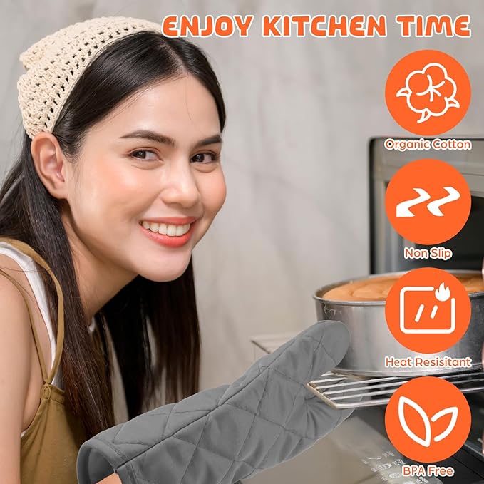 6 Pairs Heat Resistant Oven Mitts Kitchen Oven Gloves 11 Inch Long Quilted Cotton Polyester Kitchen Gloves for Cooking, Baking, Grilling BBQ (Grey)