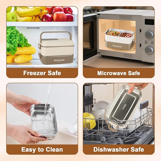 Suteng Double-Layer Bento Box Adult All-in-One Design | 1.4L Stainless Steel Lunch Containers for Adults | Leakproof Microwave-Safe Food Container with Cutlery(Spoon) & Hidden Handle | Brown