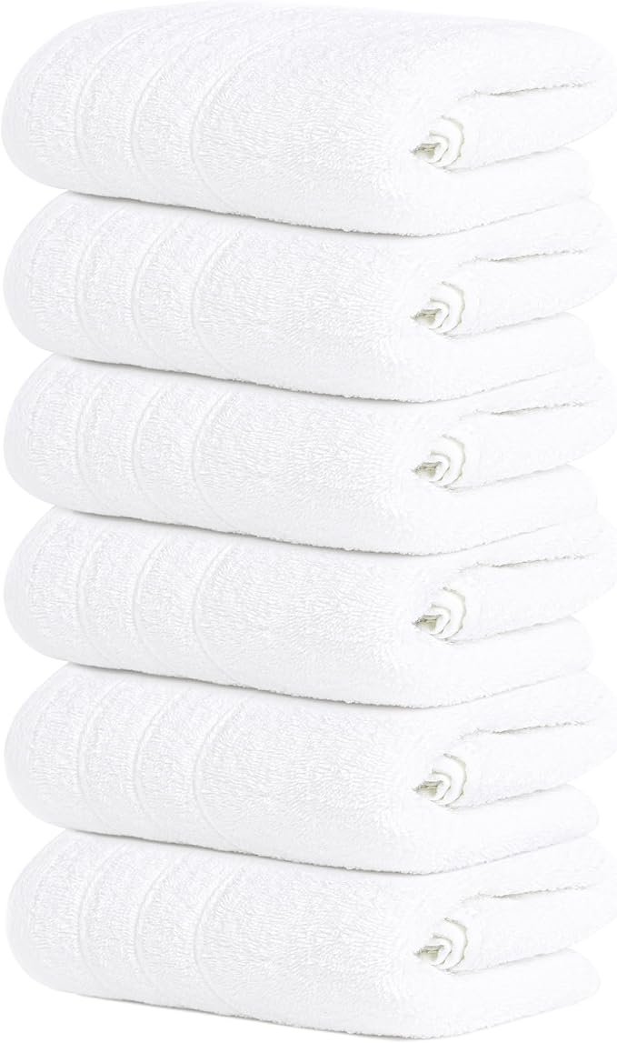 Tens Towels Pack of 6 Hand Towels, 100% Cotton, Lighter Weight, Quick to Dry, 16 x 28 Inches, Super Soft & Absorbent, Perfect for Bathroom & Kitchen, White