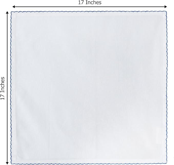 COTTON CRAFT Cloth Napkins - Set of 12 Soft Cotton 17x17 Inch White Dinner Napkins with Blue Border Trim – Absorbent Reusable Fabric Serviettes for Table Settings, Parties, Everyday Use