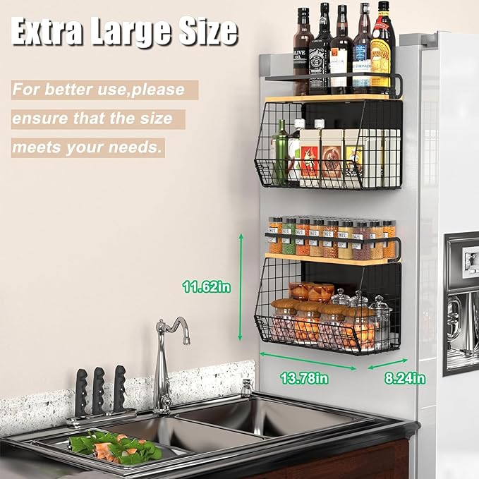 2 Pack Magnetic Spice Storage Rack Organizer for Refrigerator, Magnetic Shelf for Fridge with Wood Lid, Organizer for Kitchen & Laundry, Potato and Onion Storage Bins, Large Container, Strong Magnets