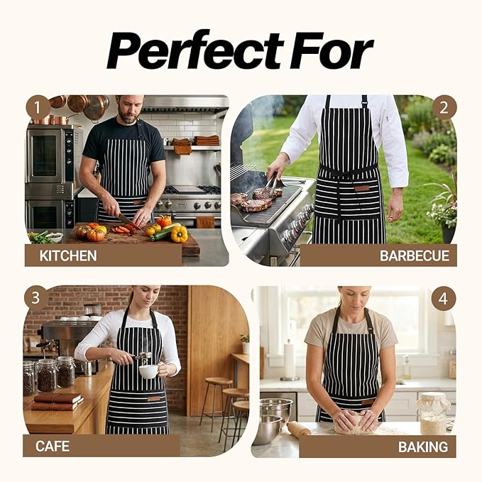 2Pack Adjustable Kitchen Apron for Women Men with 2 Pockets，Cotton-Polyester Blend Bib Aprons for Cooking,Baking