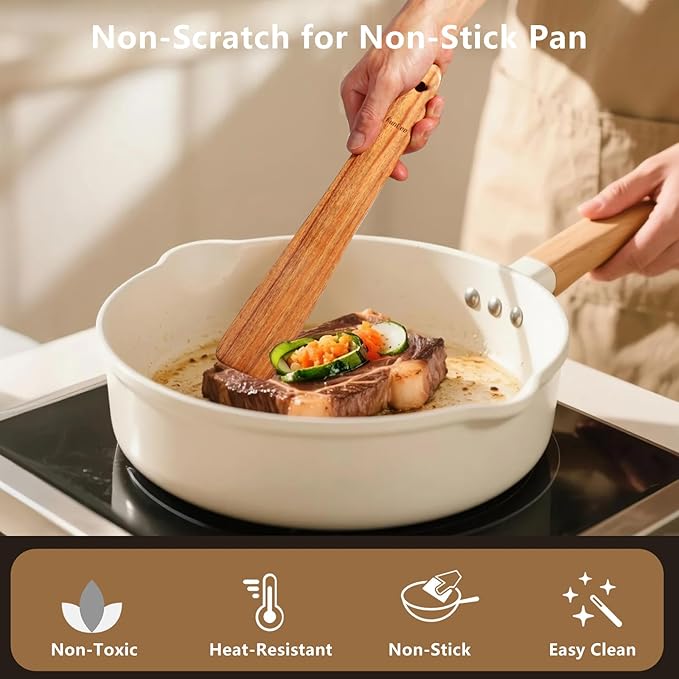 2 Pack Teak Wood Spatula, 12 Inch Wooden Spoons for Cooking, Sourdough Starter, Flat Steak Turner, Dough Whisk Spurtle Baking Utensil, Heat Resistant Spatulas for Cast Iron Flipping, stirring, Turning