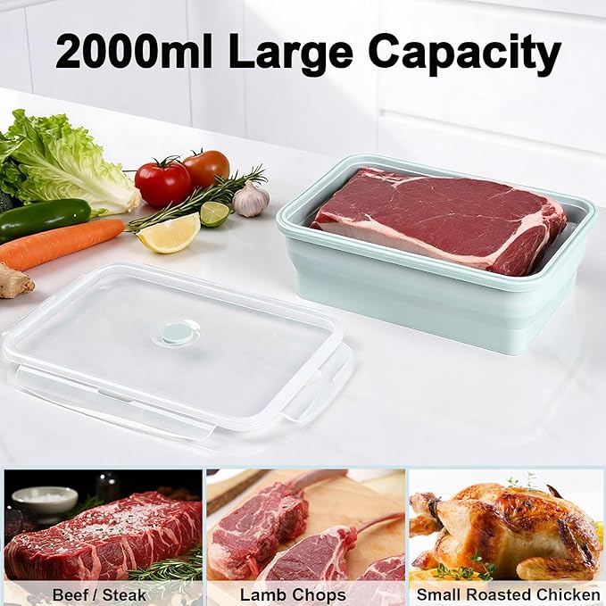 Extra Large Collapsible Silicone Food Storage Containers With Lids & Air Vent, 2 Pack 2000ml/68oz, XXL Foldable Marinade Container for Kitchen, Camping, Dishwasher, Microwave, Freezer Safe, BPA Free
