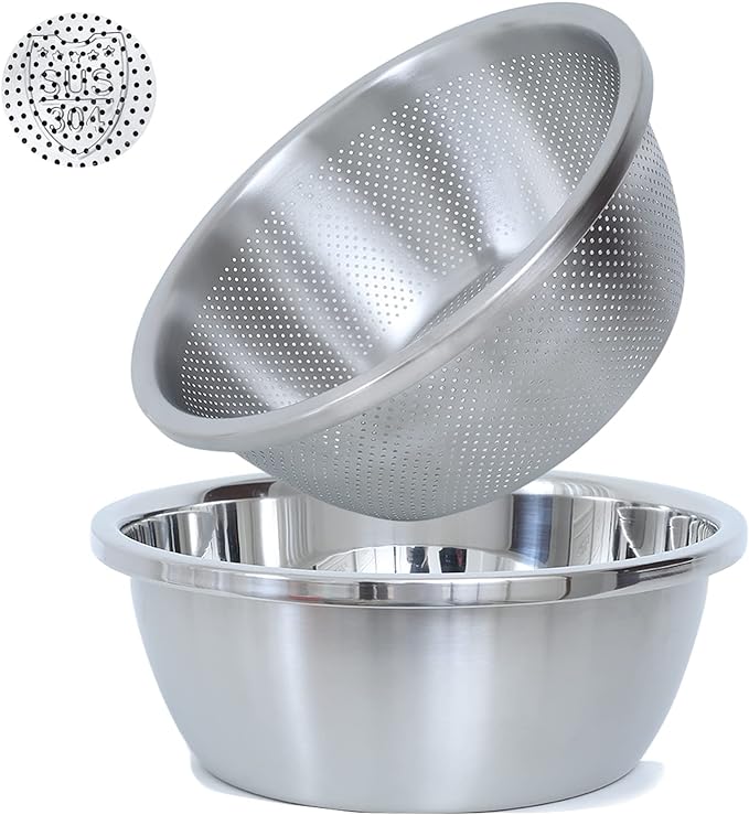 304 Stainless Steel Microporous Colander, 5QT Large Capacity with Mixing Bowl For washing vegetables, fruit and rice and for draining cooked pasta(2PC)