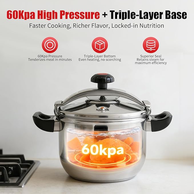 9.5 Qt Pressure Cooker, Stainless Steel Large Capacity Pressure Canner with Double Valves, Clamp On Type Commercial Pressure Stewing Pot for Hotels, Restaurants, Family (9.51 Qt)