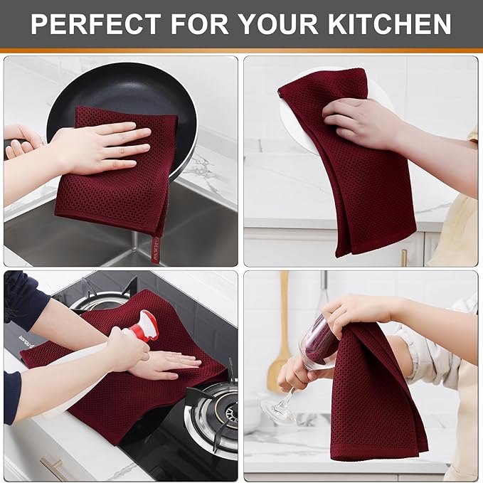 Kitinjoy 100% Cotton Waffle Weave Kitchen Hand Towels (13 X 28 Inches, Burgundy), 4-Pack Super Soft and Absorbent Dish Towel for Drying Dishes