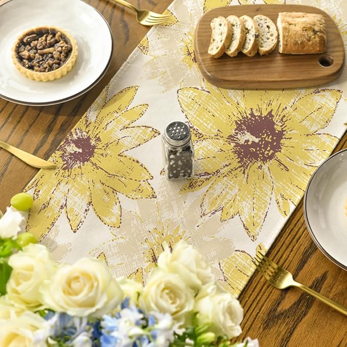 Artoid Mode Yellow Retro Daisy Spring Table Runner, Seasonal Vintage Kitchen Dining Table Decoration for Home Party Decor 13x72 Inch