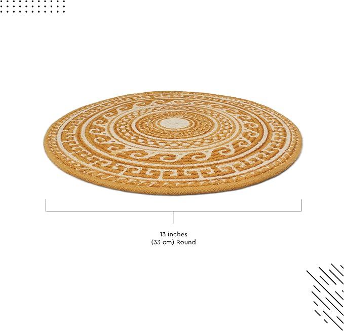 Encasa XO Dining Placemats Set of 4 | Cotton Round Table Mat - 13 in Diameter | Mustard Mandala Print | Handmade Rib Style Chargers for Dinner Plates