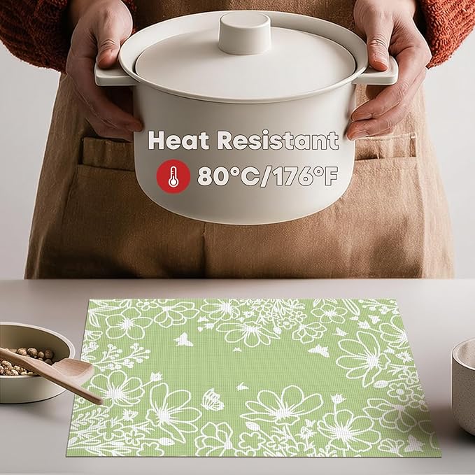 Artoid Mode Green Weed Wild Flower Placemats Set of 4, 12x18 Inch Plastic Woven Washable Non-Slip PVC Place Mats for Party Kitchen Dining Decor