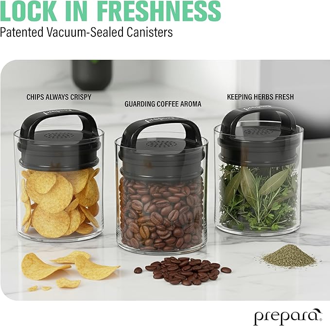 Prepara Evak Fresh Saver Short Airtight Containers, Medium - Black Handle with Patented Twin-Valve System, BPA Free Stackable Storage Canisters for Pantry Organization - Dishwasher Safe (2-Pack)