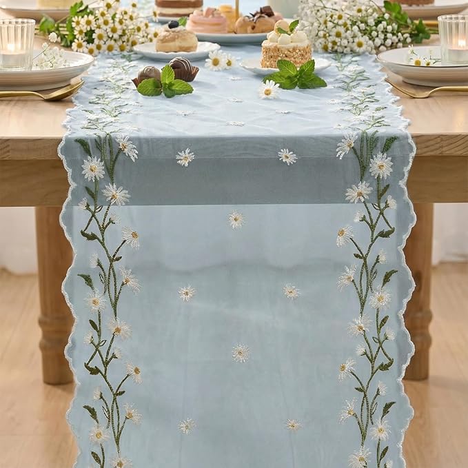 Artoid Mode Daisy Floral Sky Blue Shaped Gauze Embroidery Table Runner 120 Inch 10FT, Tulle Spring Summer Kitchen Dining Table Decor for Home Party