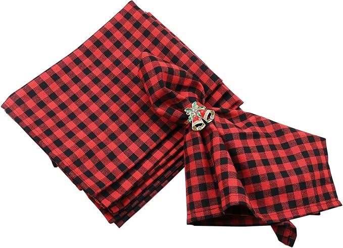 Red Buffalo Plaid Cloth Napkins Set of 6, Red and Black Checkered Table Napkins Washable, Oversized Gingham Napkins, Christmas Dinner Napkins for Wedding, Parties, Thanksgiving, Dining Celebration
