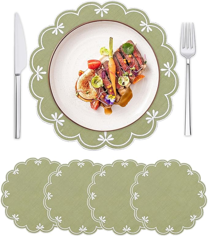SK Studio Set of 4 Cotton Linen Placemats, 15x15 Round Scalloped Cloth Table Mats, Embroidery Double Layered Washable Dining Placemat for Hotel Restaurant Kitchen, Green