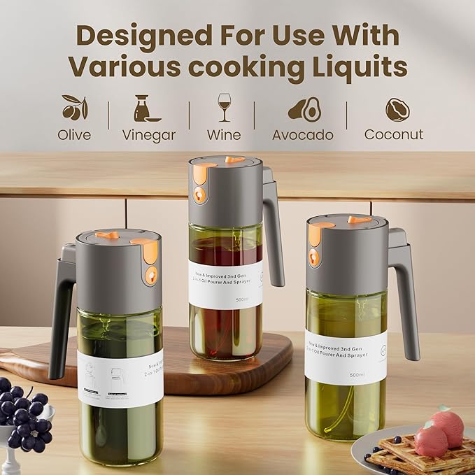 LUKUMIQI 2 in 1 Oil Sprayer for Cooking, 17oz Light-Blocking Glass Spray Bottle with Stickers, Oil Dispenser for Salad, Air Fryer & BBQ