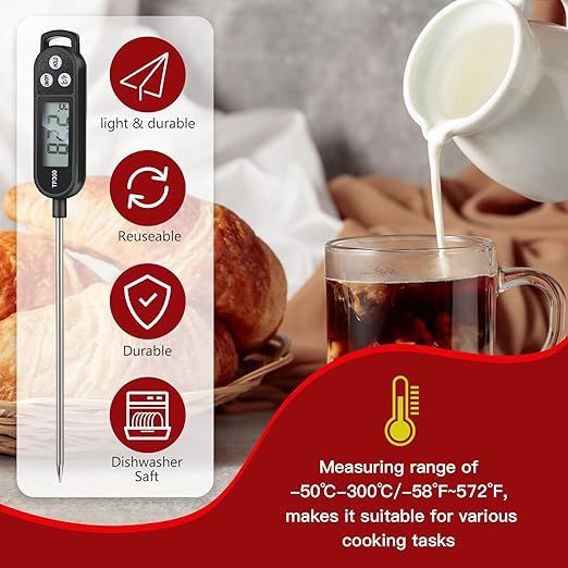 Copkim 6 Pcs Meat Food Thermometer Food with Probe Water Liquid Instant Read Digital Thermometer Kitchen Cooking Supplies for Cooking BBQ Milk Yogurt (Red,Black)